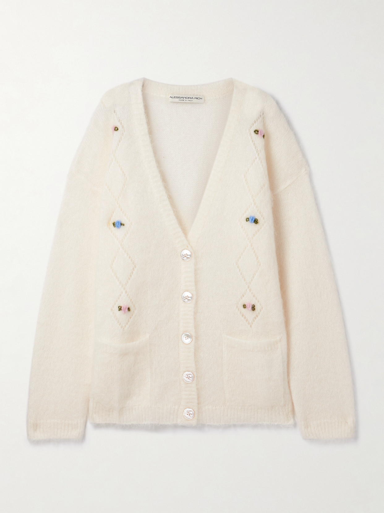 Alessandra Rich Embroidered Pointelle-knit Mohair-blend Cardigan In White