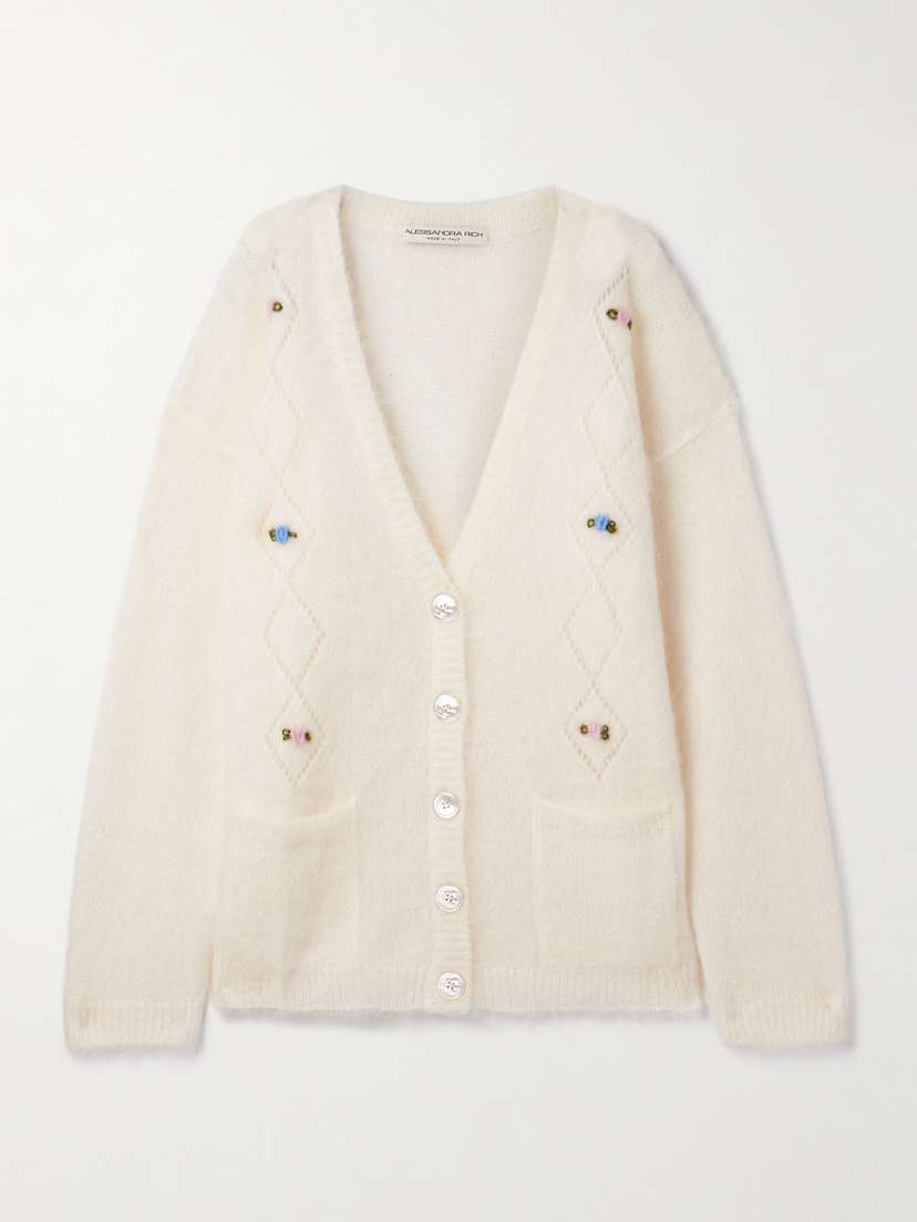 Alessandra Rich Embroidered Pointelle-knit Mohair-blend Cardigan