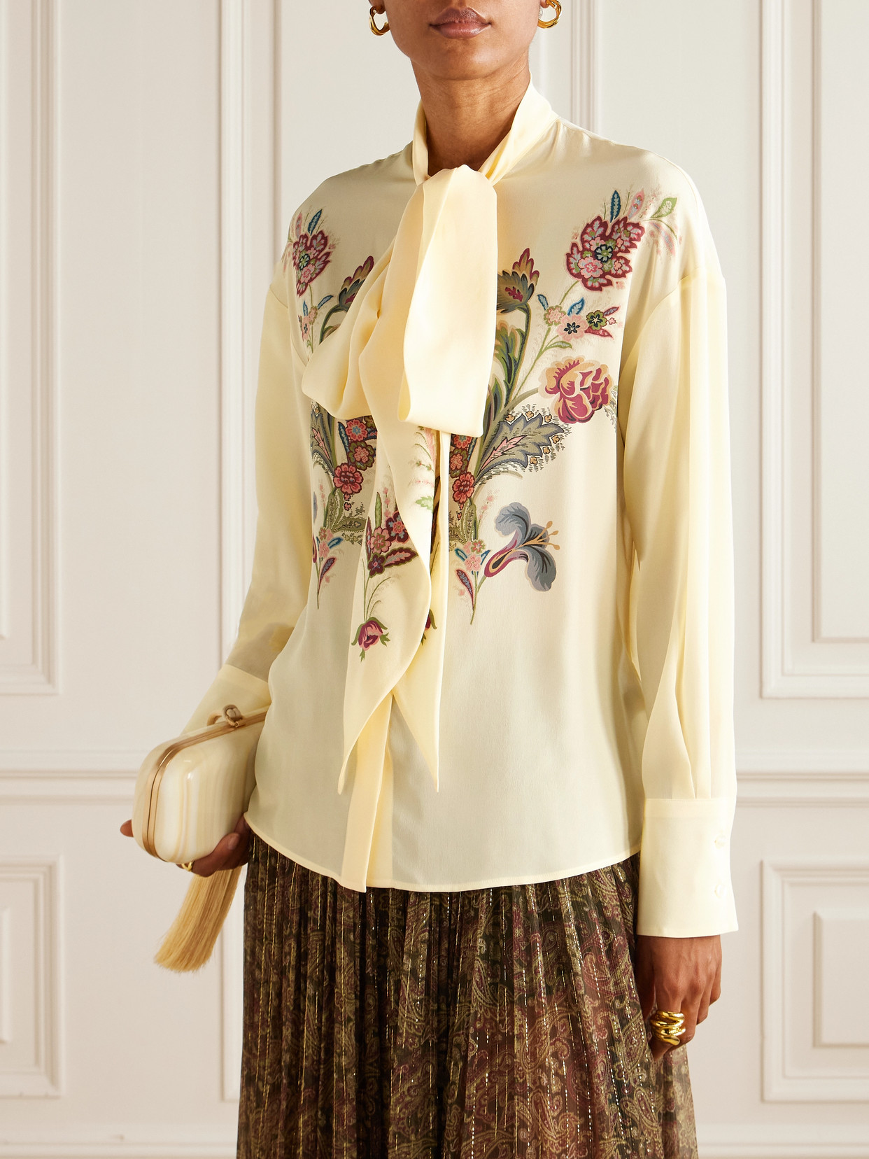 Pussy-Bow Floral-Print Silk-Chiffon Blouse
