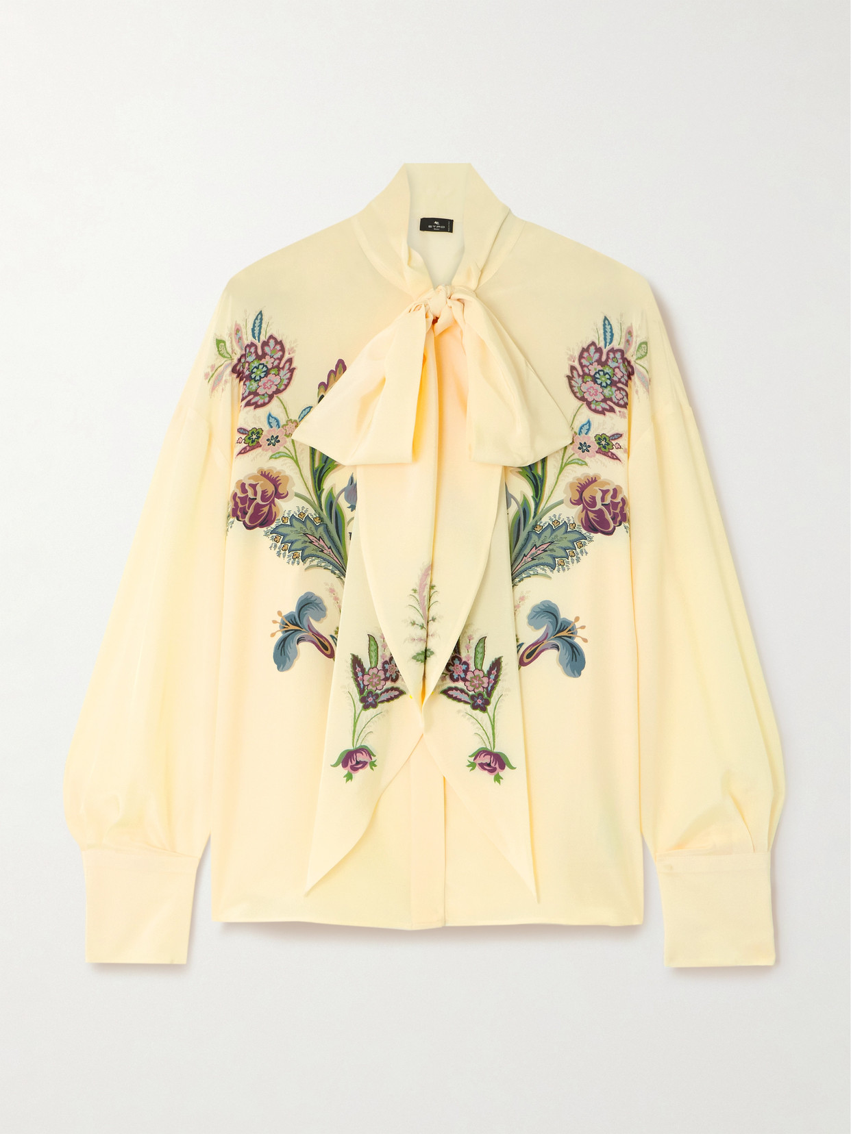 Etro Pussy-bow Floral-print Silk-chiffon Blouse In Yellow