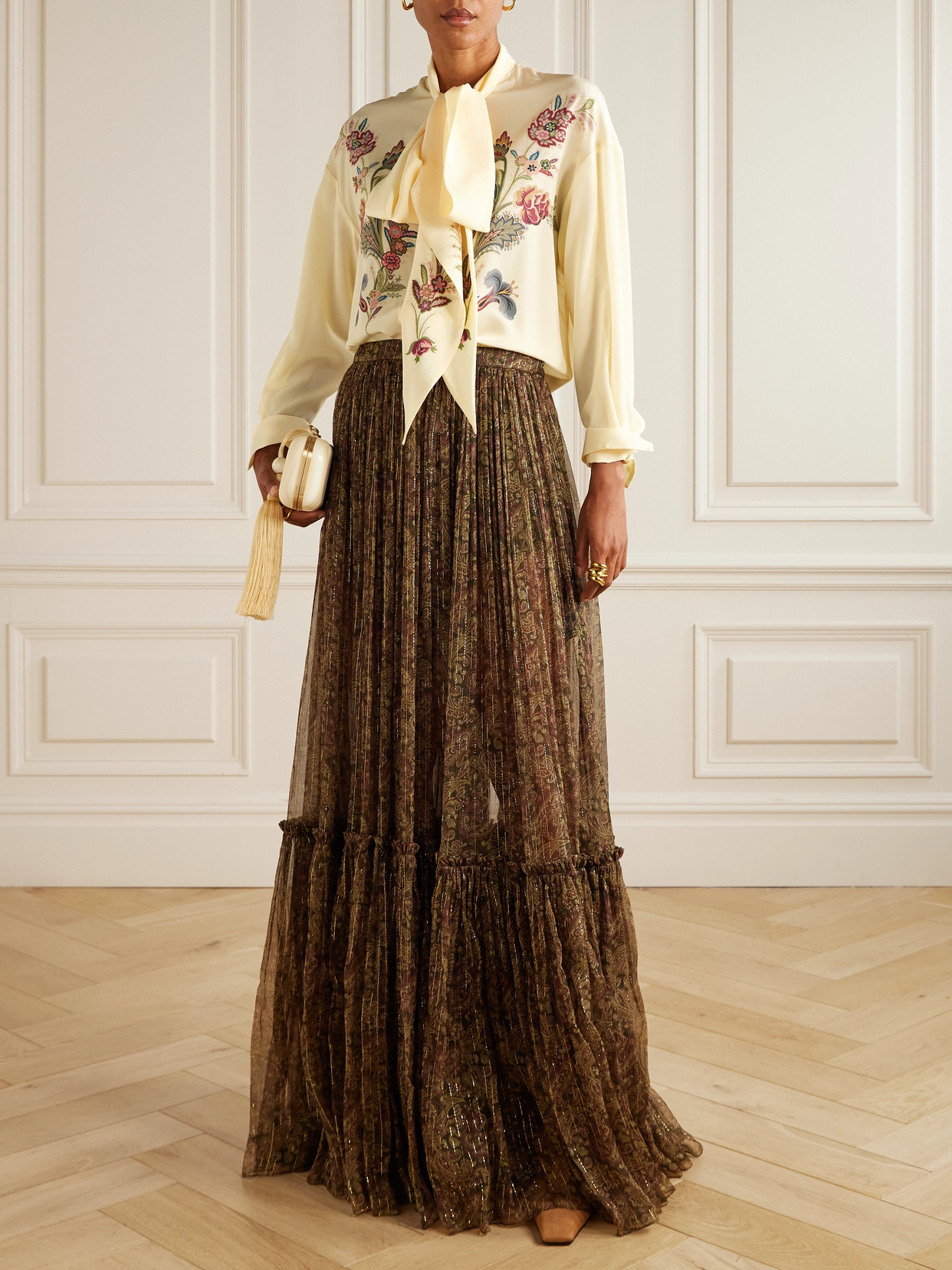Pussy-Bow Floral-Print Silk-Chiffon Blouse