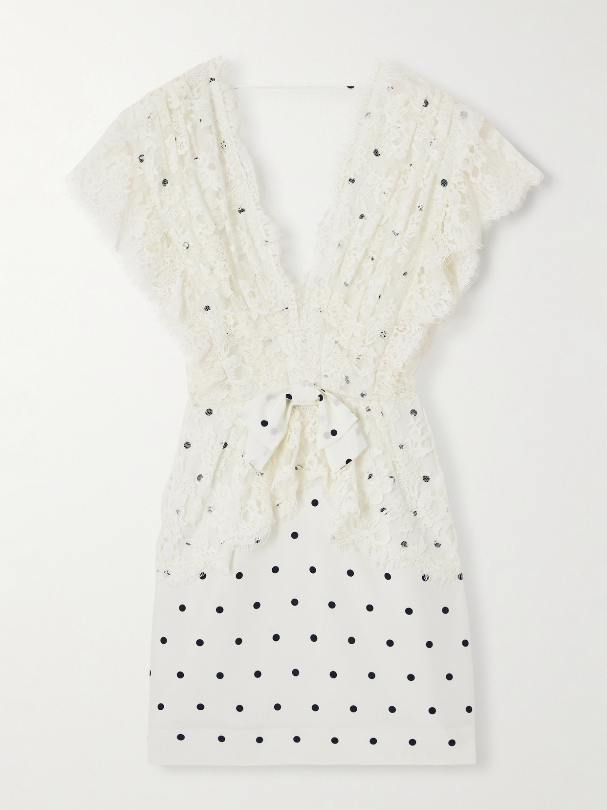 Alessandra Rich Bow-detailed Lace-trimmed Polka-dot Silk-satin Mini Dress In White