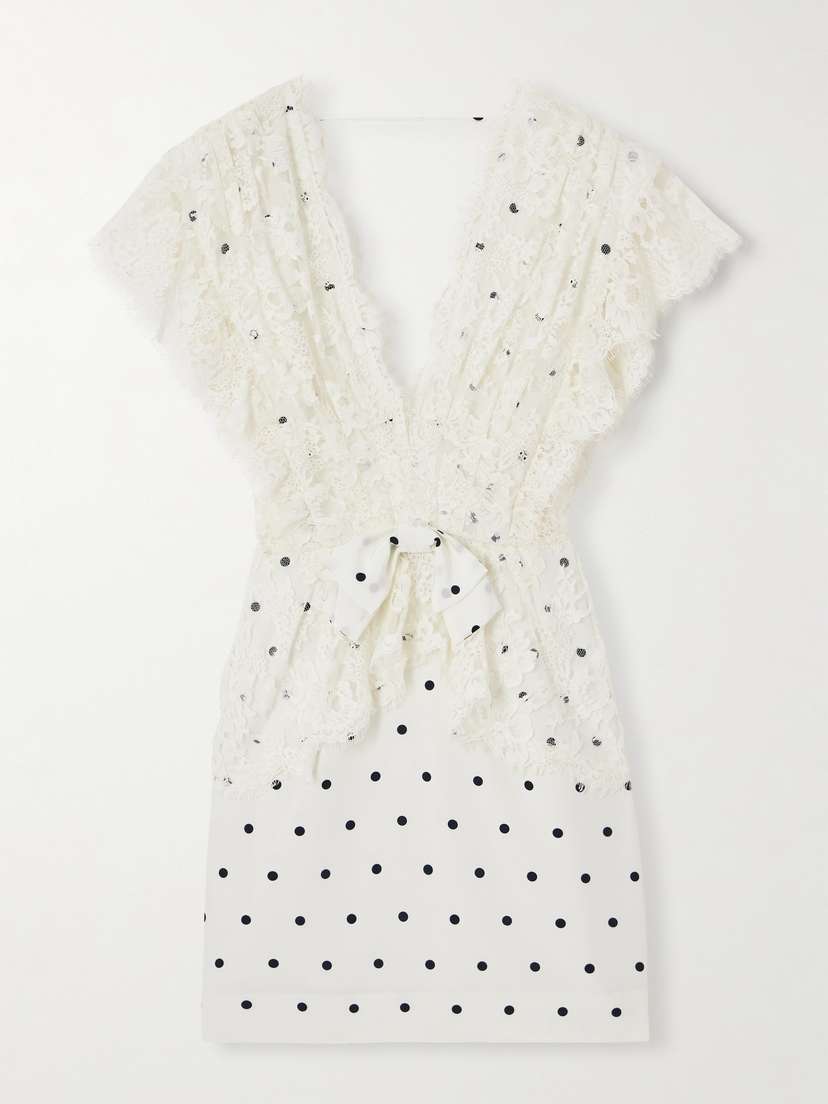 Alessandra Rich Bow-detailed Lace-trimmed Polka-dot Silk-satin Mini Dress