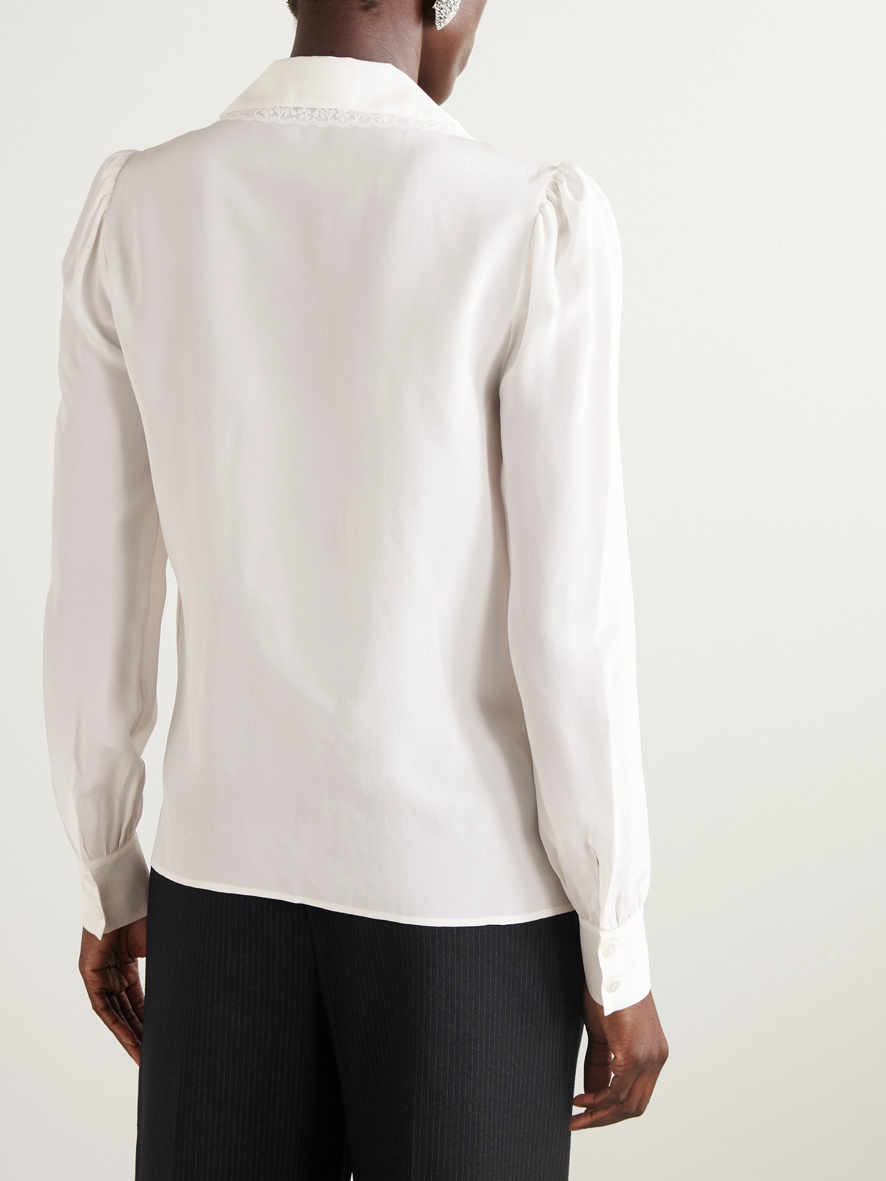 Alessandra Rich Lace-trimmed Pintucked Silk-chiffon Blouse In Neutral