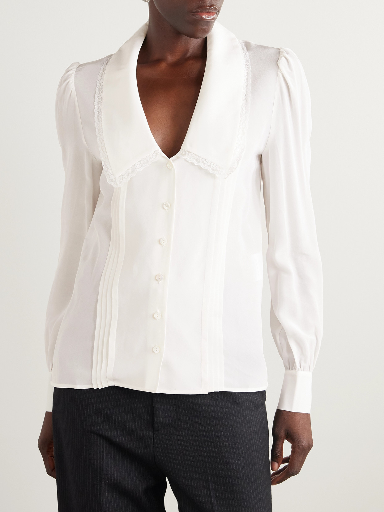 Alessandra Rich Lace-trimmed Pintucked Silk-chiffon Blouse In Neutral