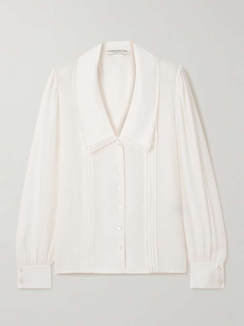 Alessandra Rich Lace-trimmed Pintucked Silk-chiffon Blouse
