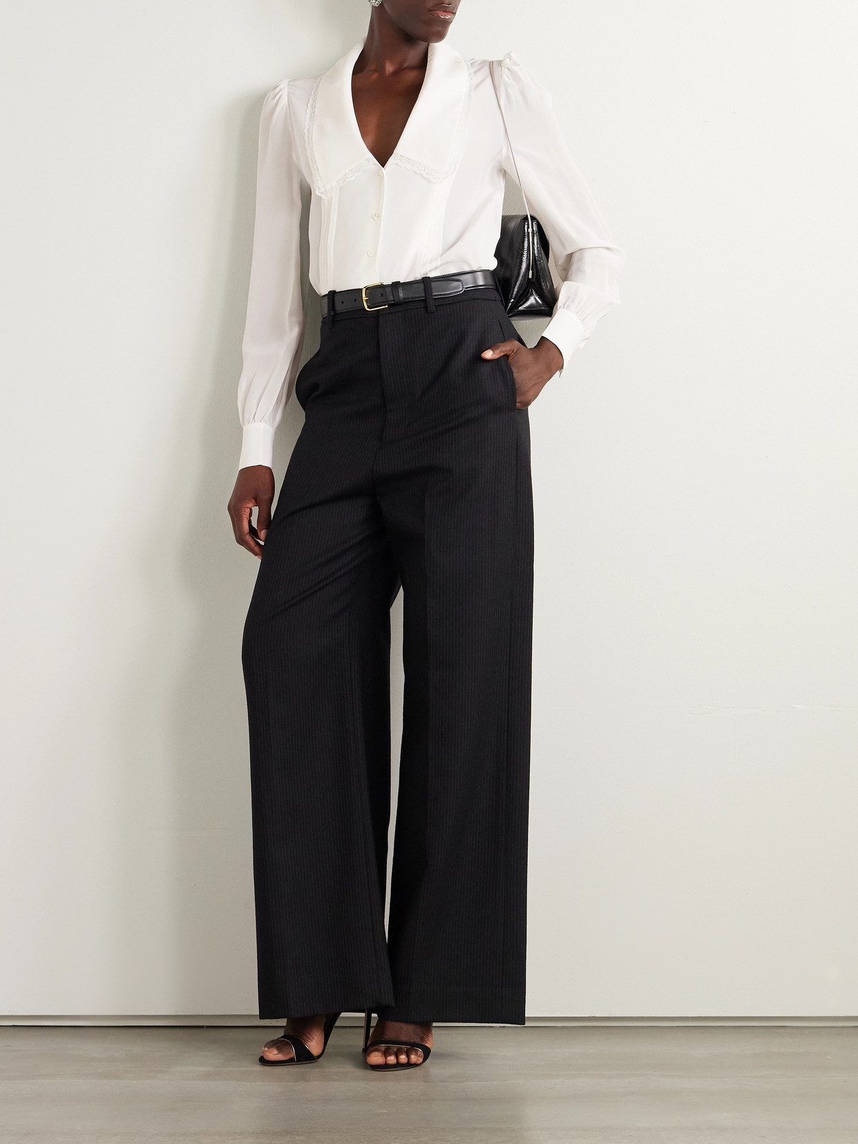 Alessandra Rich Lace-trimmed Pintucked Silk-chiffon Blouse In Neutral
