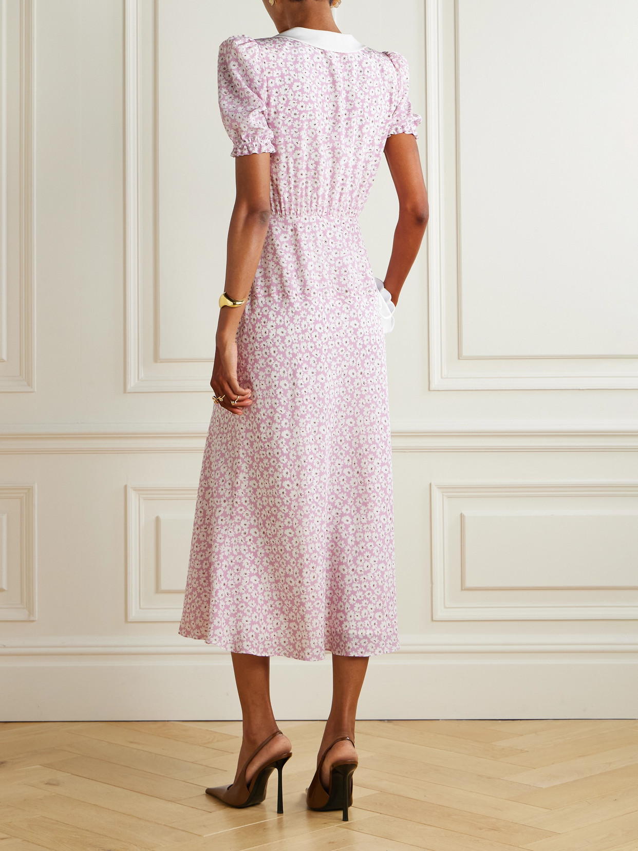 Alessandra Rich Crepe-trimmed Gathered Floral-print Silk Midi Dress