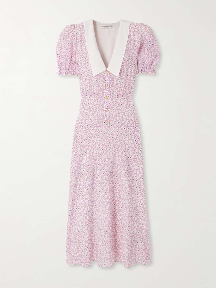 Alessandra Rich Crepe-trimmed Gathered Floral-print Silk Midi Dress