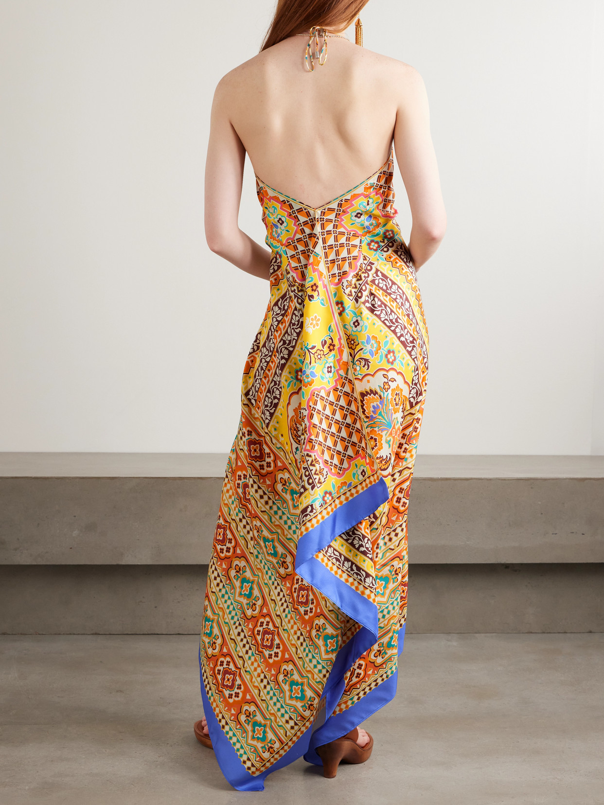 Etro Asymmetric Floral-print Silk-twill Halterneck Dress In Multi