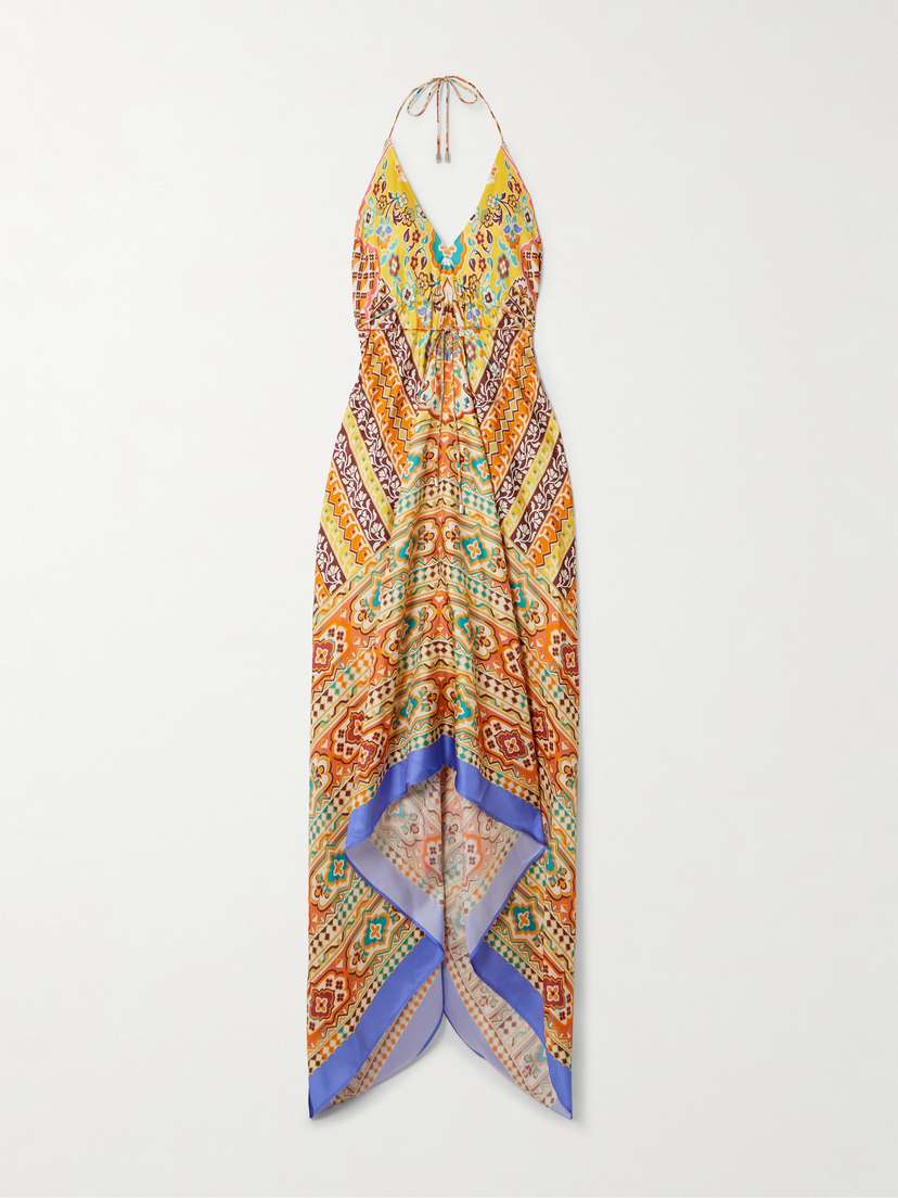 Etro Asymmetric Floral-print Silk-twill Halterneck Dress