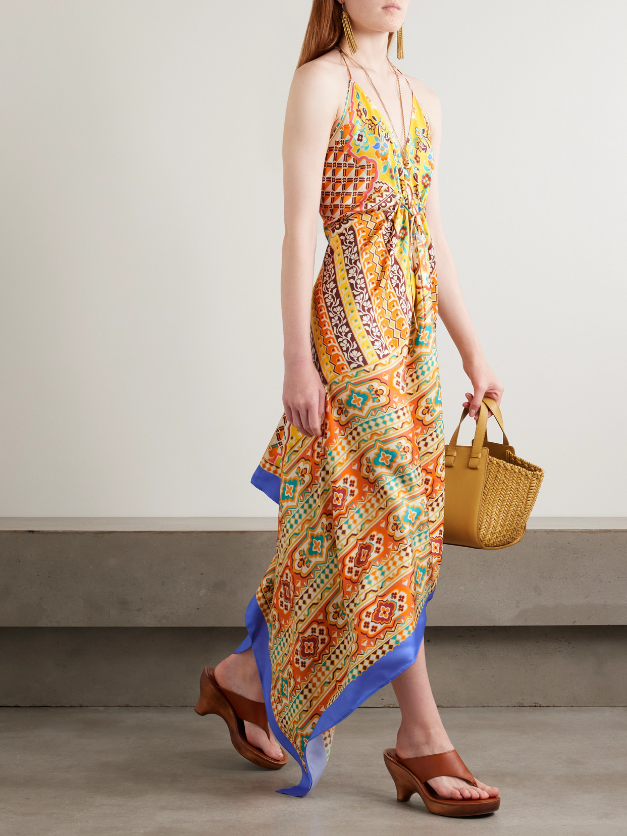 Etro Asymmetric Floral-print Silk-twill Halterneck Dress In Multi