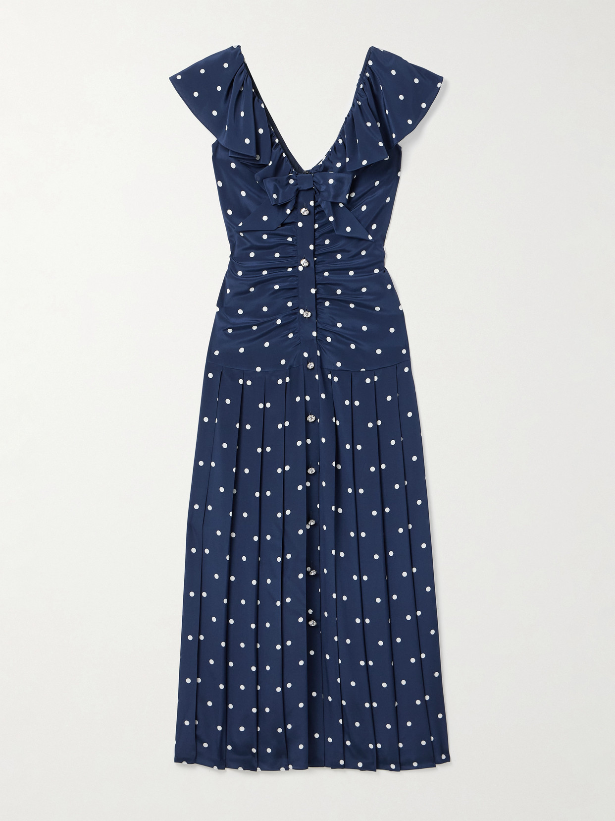 Alessandra Rich Pleated Gathered Polka-dot Silk Crepe De Chine Midi Dress In Blue