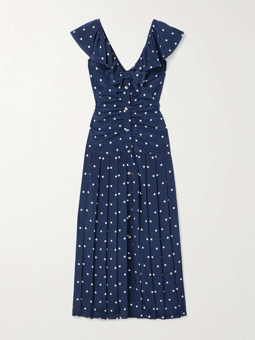 Alessandra Rich Pleated Gathered Polka-dot Silk Crepe De Chine Midi Dress