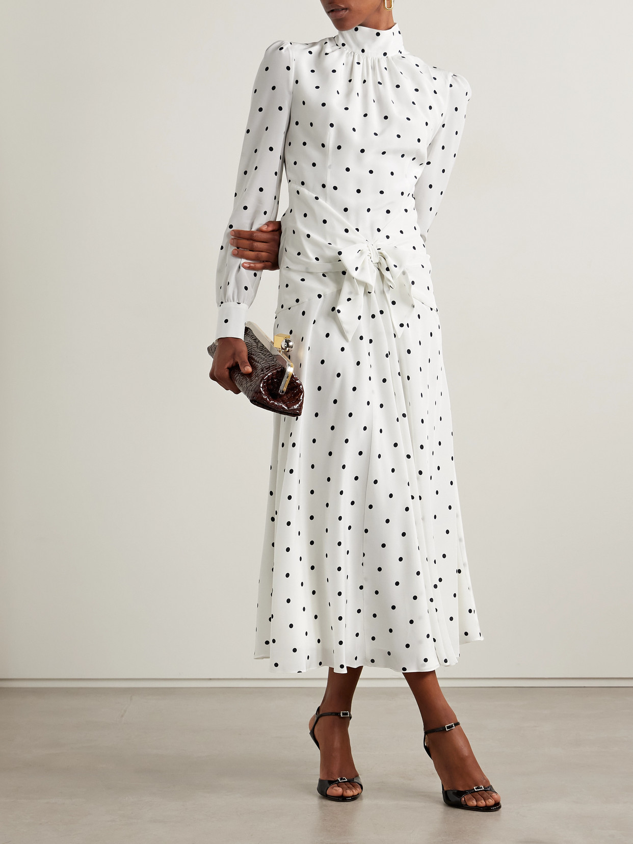 Alessandra Rich Bow-embellished Gathered Polka-dot Silk-georgette Midi Dress In White