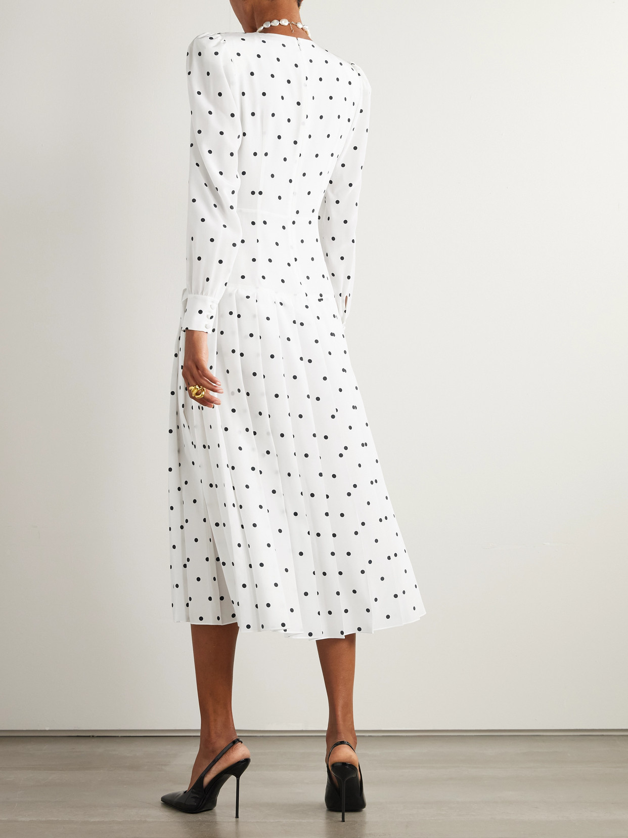 Alessandra Rich Bow-embellished Pleated Polka-dot Silk Midi Dress In White