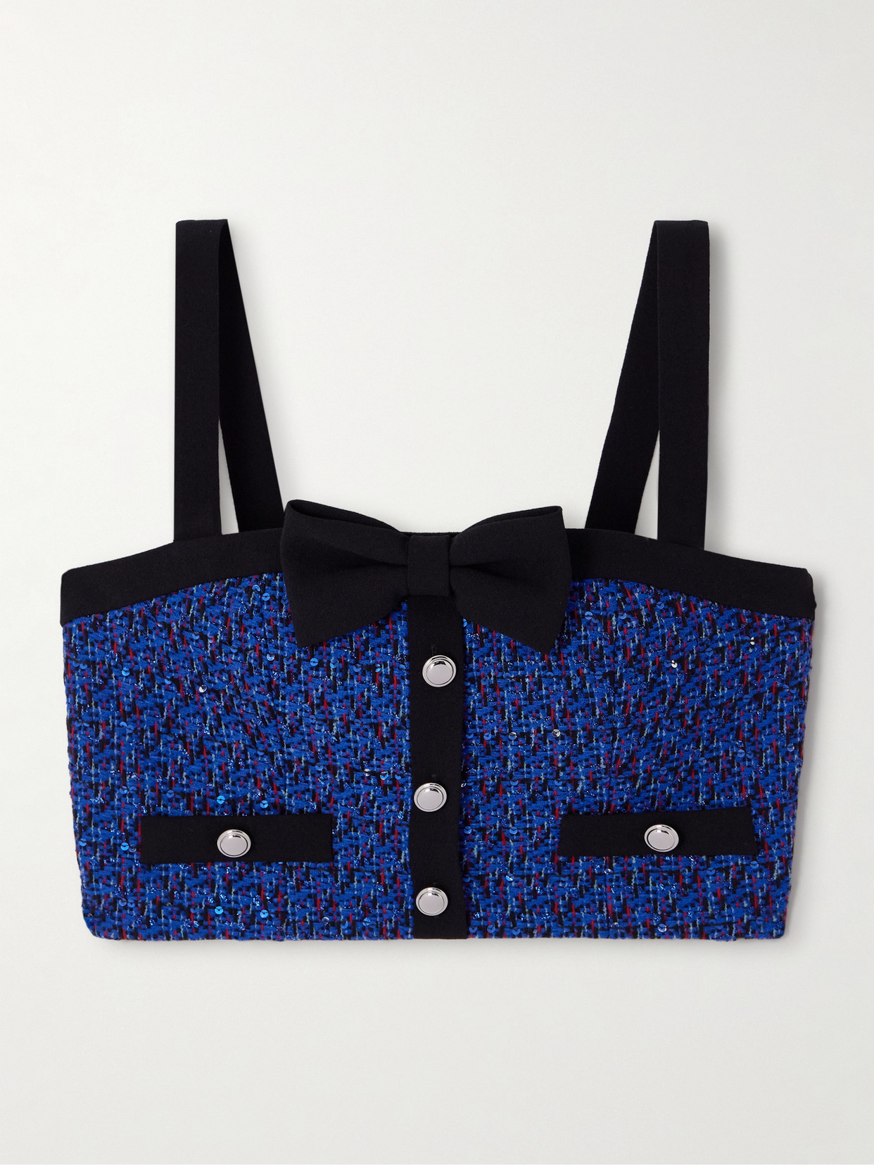 Alessandra Rich Embellished Cropped Cady-trimmed Tweed Top In Blue
