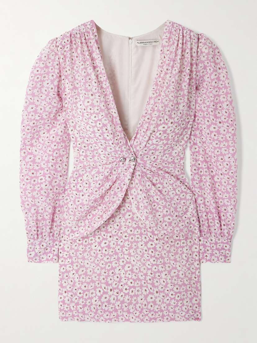 Alessandra Rich Wrap-effect Embellished Pleated Floral-print Silk Crepe De Chine Mini Dress
