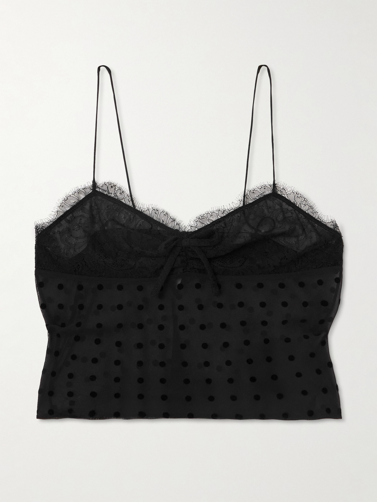 Alessandra Rich Bow-embellished Lace-trimmed Flocked Polka-dot Silk-georgette Top In Black
