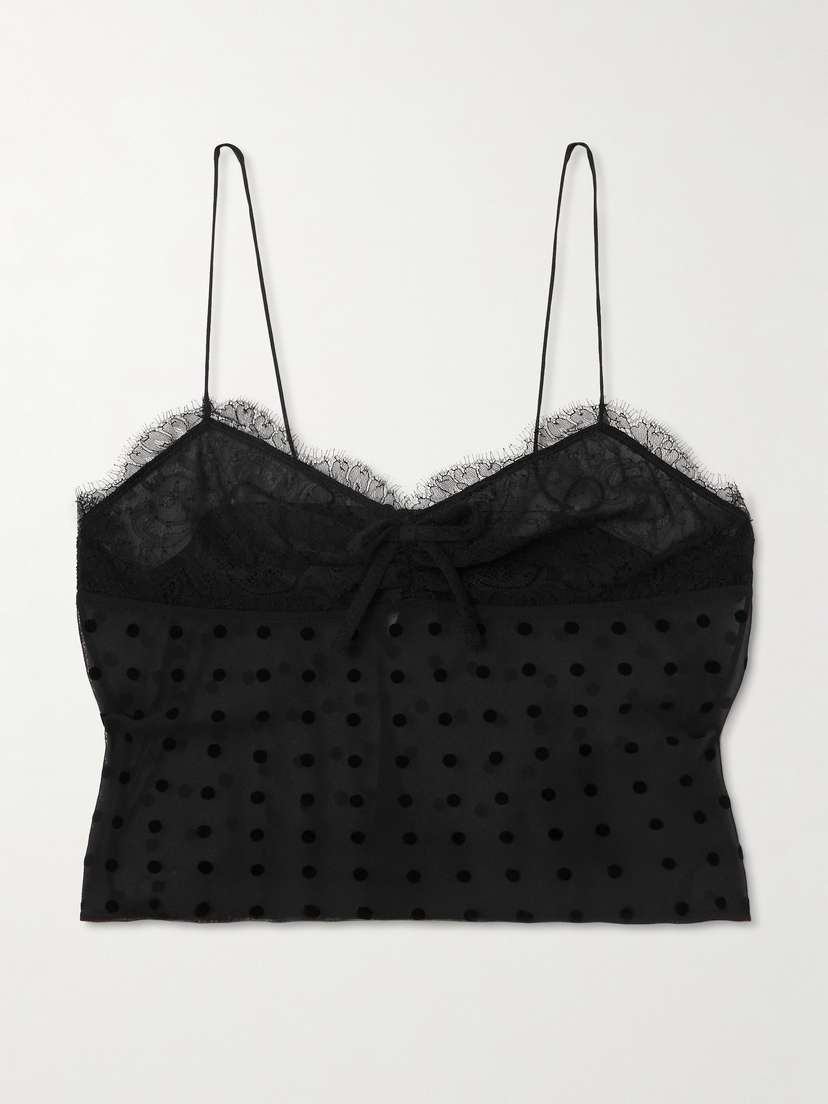 Alessandra Rich Bow-embellished Lace-trimmed Flocked Polka-dot Silk-georgette Top