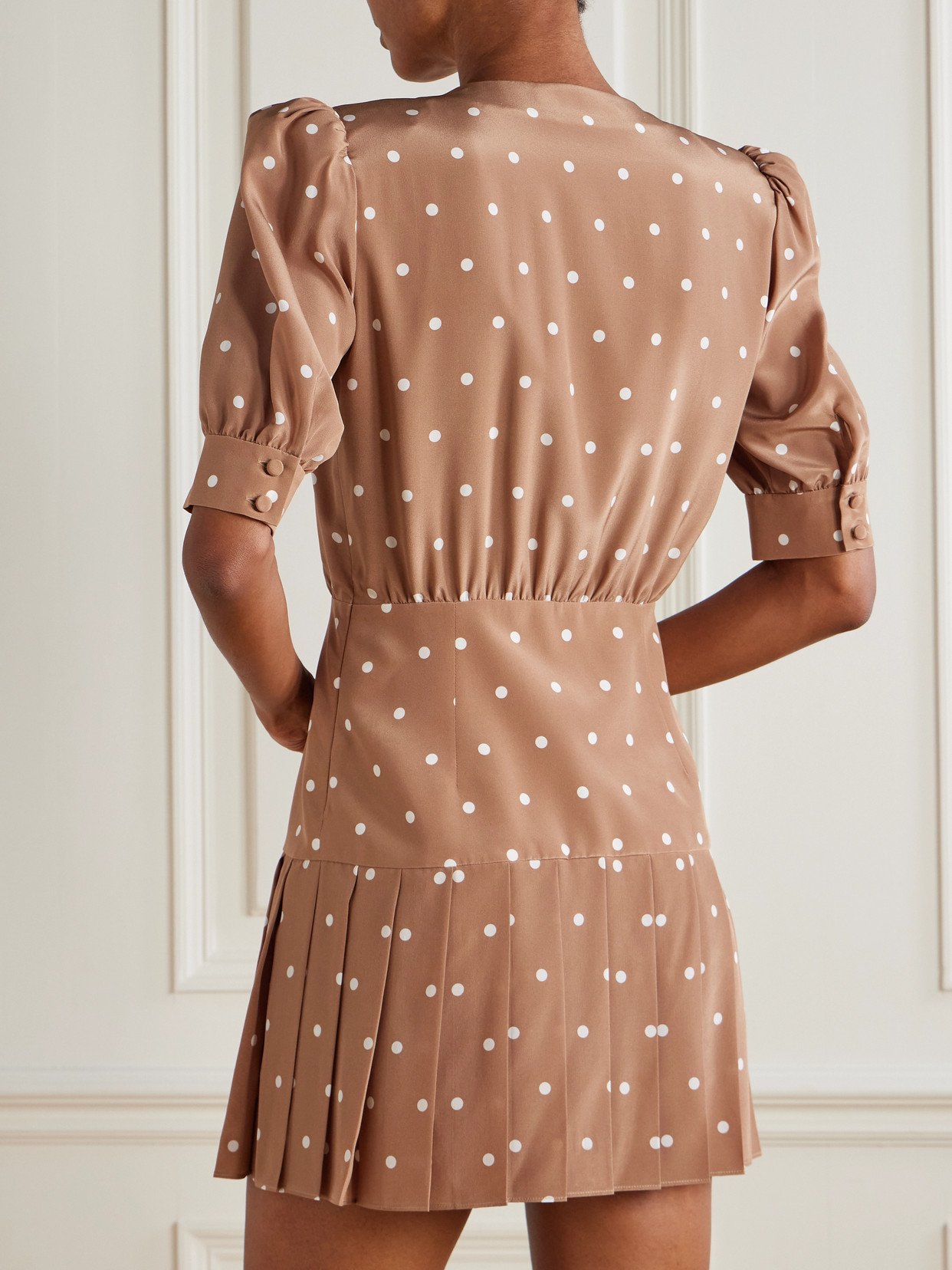 Alessandra Rich Crystal-embellished Pleated Wool-blend Crepe Mini Dress In Brown