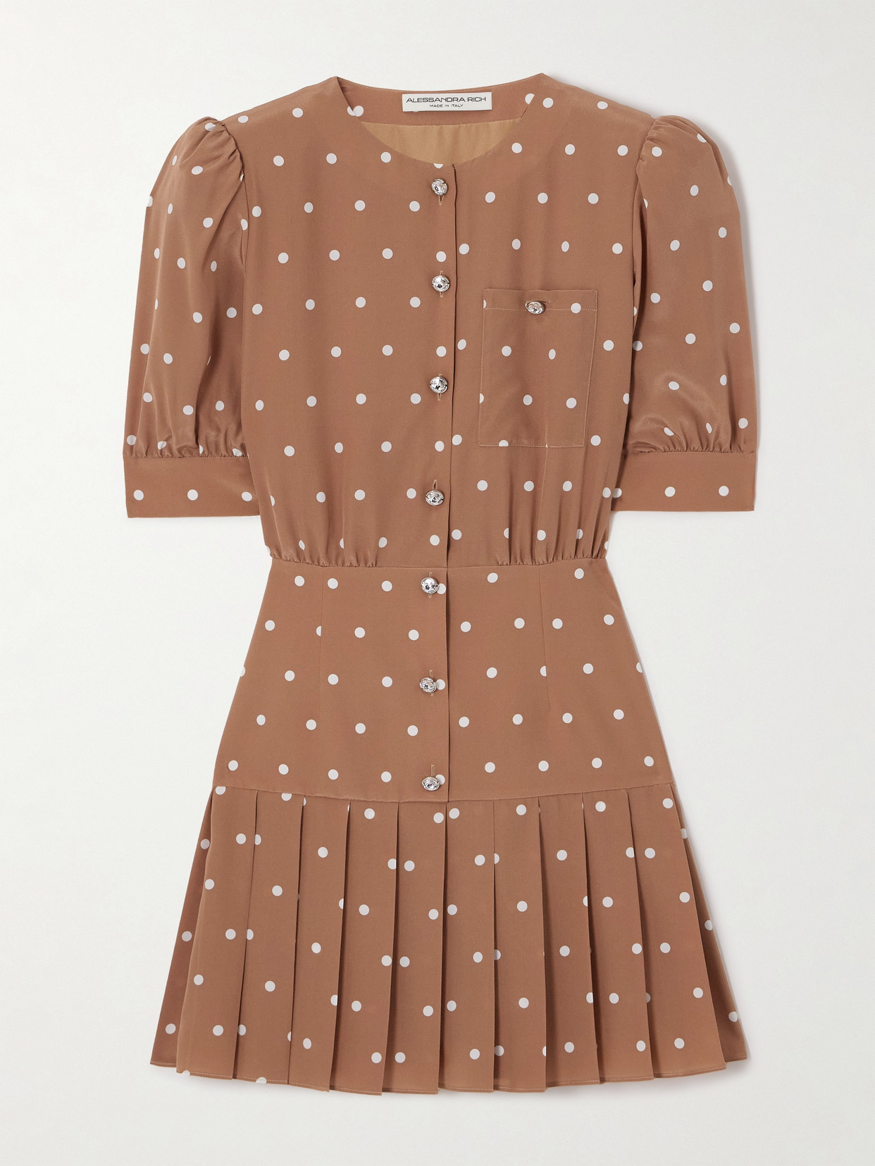 Alessandra Rich Crystal-embellished Pleated Wool-blend Crepe Mini Dress In Brown