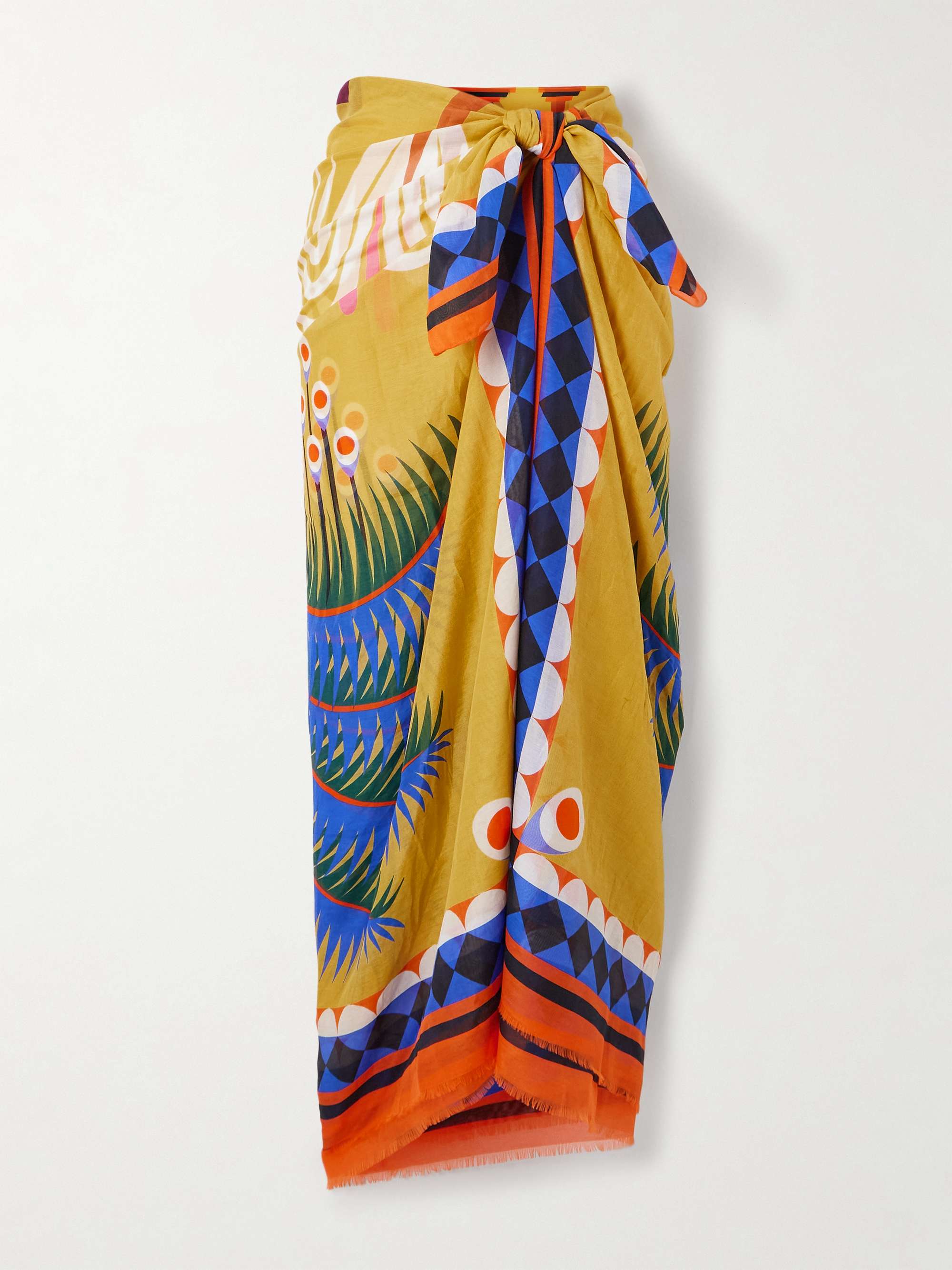 + Agostino Iacurci frayed printed cotton and silk-blend voile pareo - yellow - One Size
