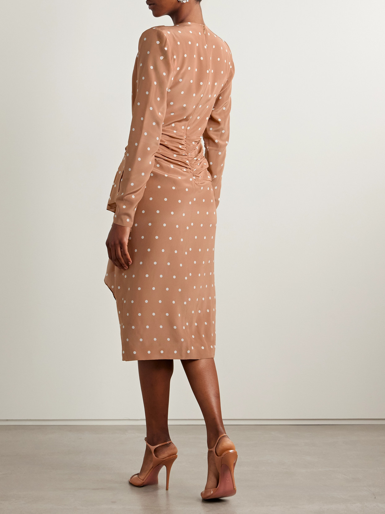Alessandra Rich Gathered Polka-dot Silk Crepe De Chine Midi Dress In Brown