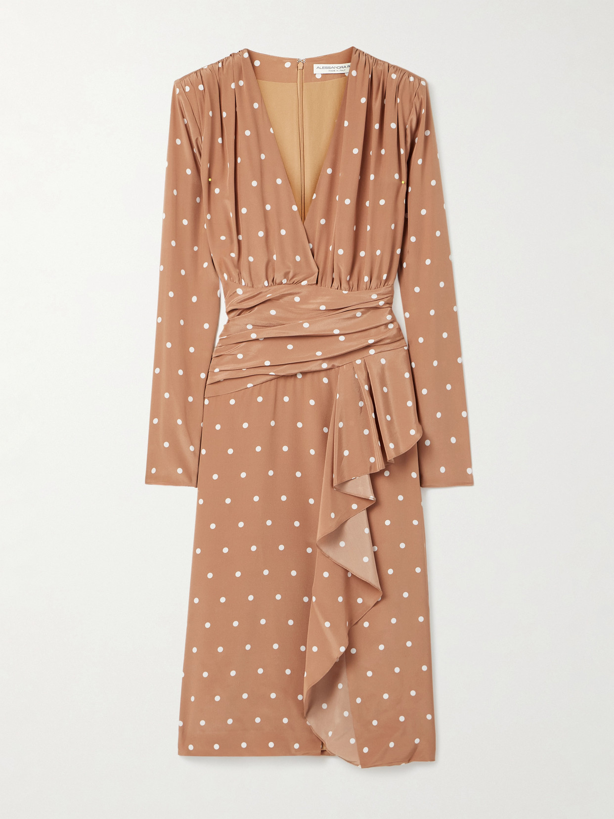 Alessandra Rich Gathered Polka-dot Silk Crepe De Chine Midi Dress In Brown