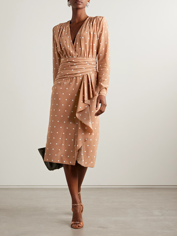 Alessandra Rich Gathered polka-dot silk crepe de chine midi dress