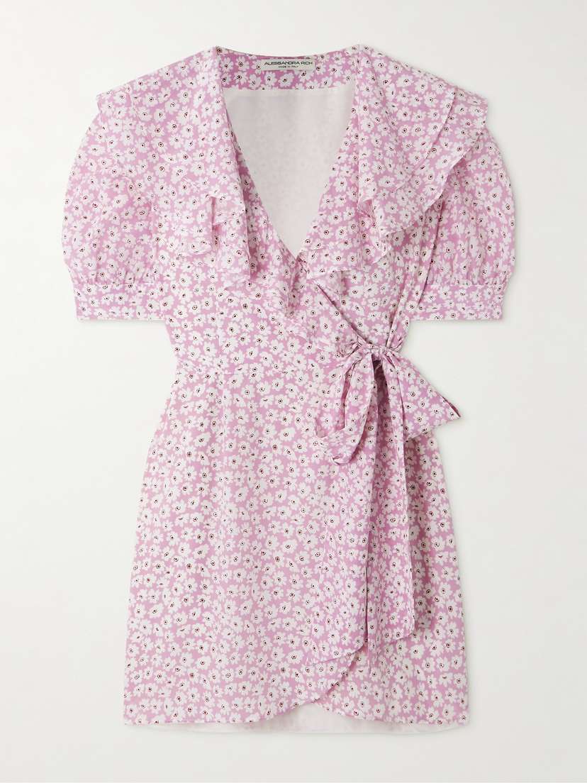 Alessandra Rich Ruffled Floral-print Silk-georgette Mini Wrap Dress