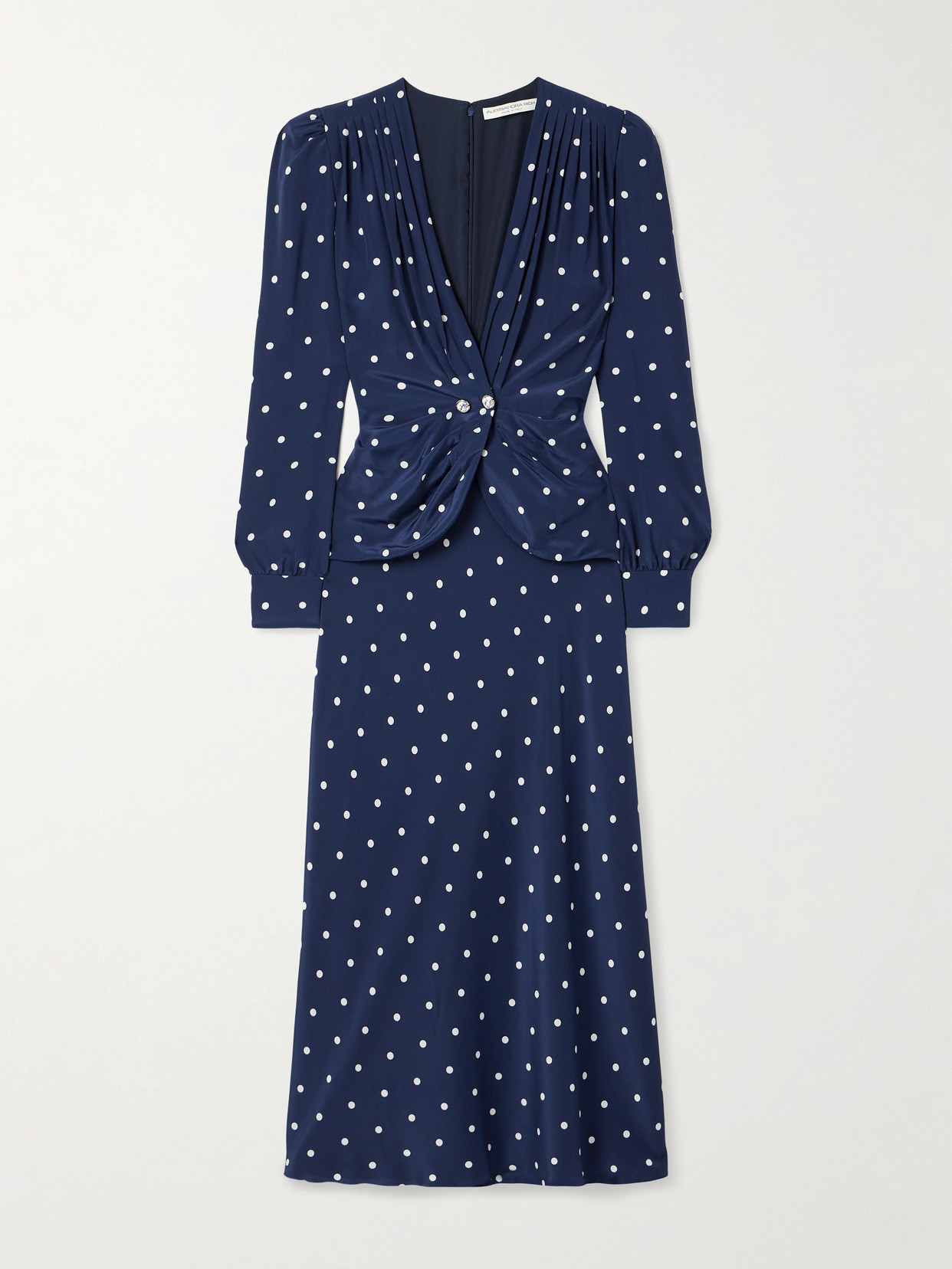 Alessandra Rich Embellished Pleated Polka-dot Silk Crepe De Chine Midi Dress In Blue