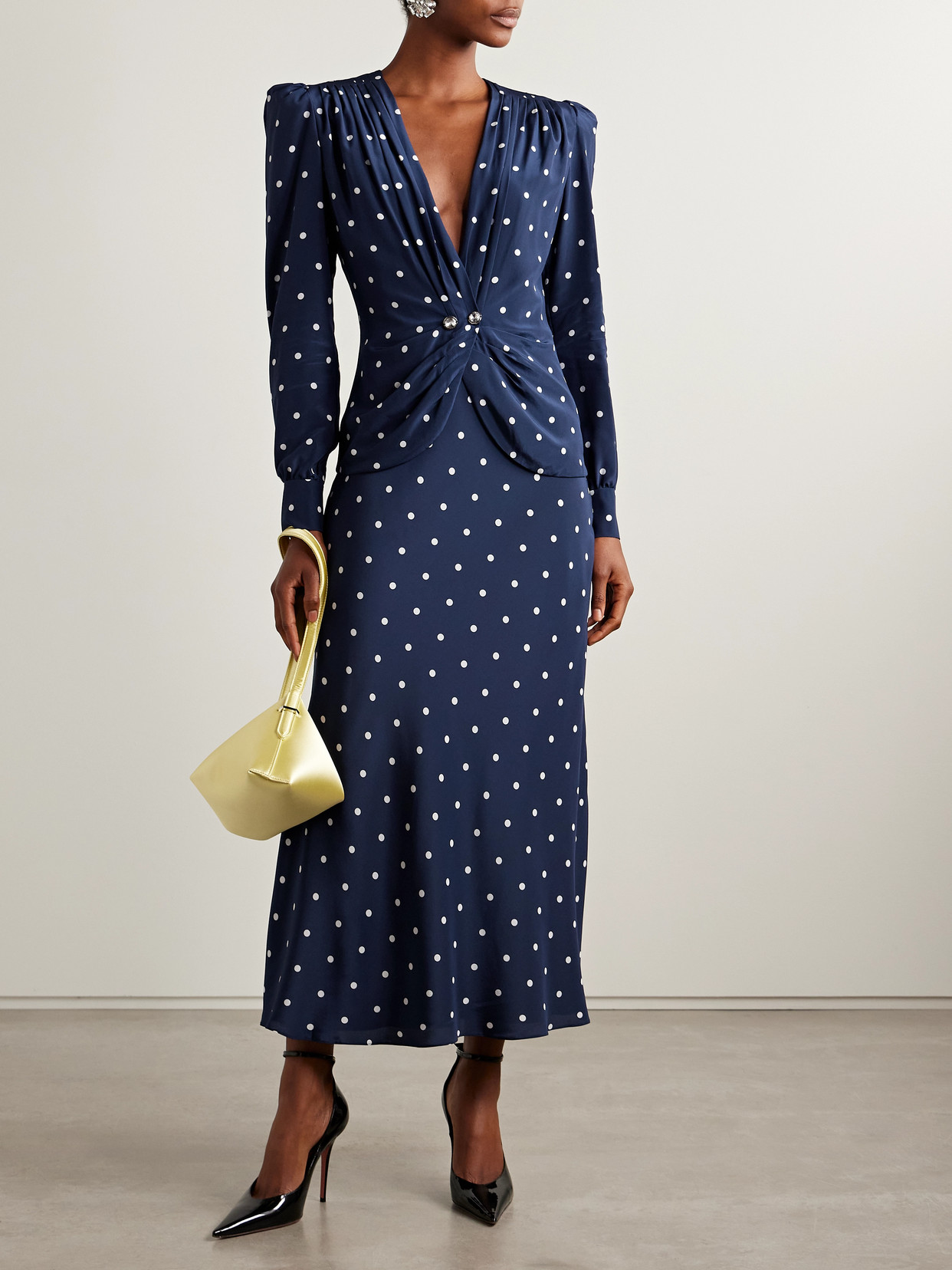 Alessandra Rich Dotted Dress With V-neck And Buttons In Blue