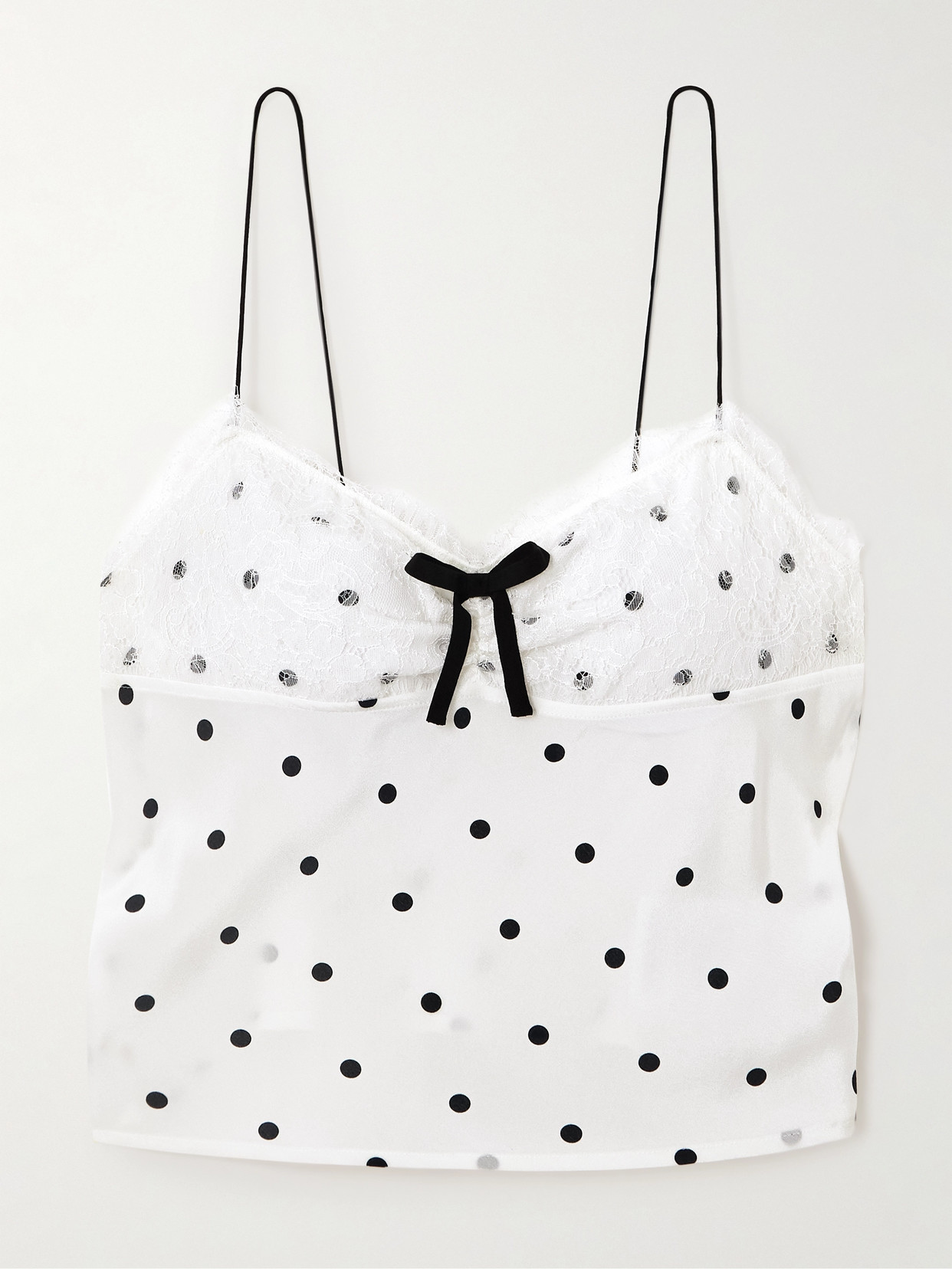 Alessandra Rich Bow-embellished Lace-trimmed Flocked Polka-dot Silk-georgette Top In White