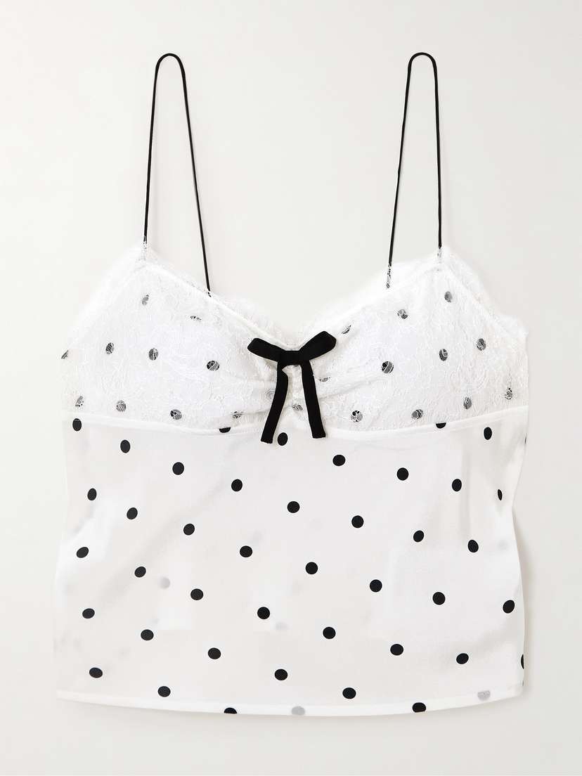 Alessandra Rich Bow-embellished Lace-trimmed Flocked Polka-dot Silk-georgette Top
