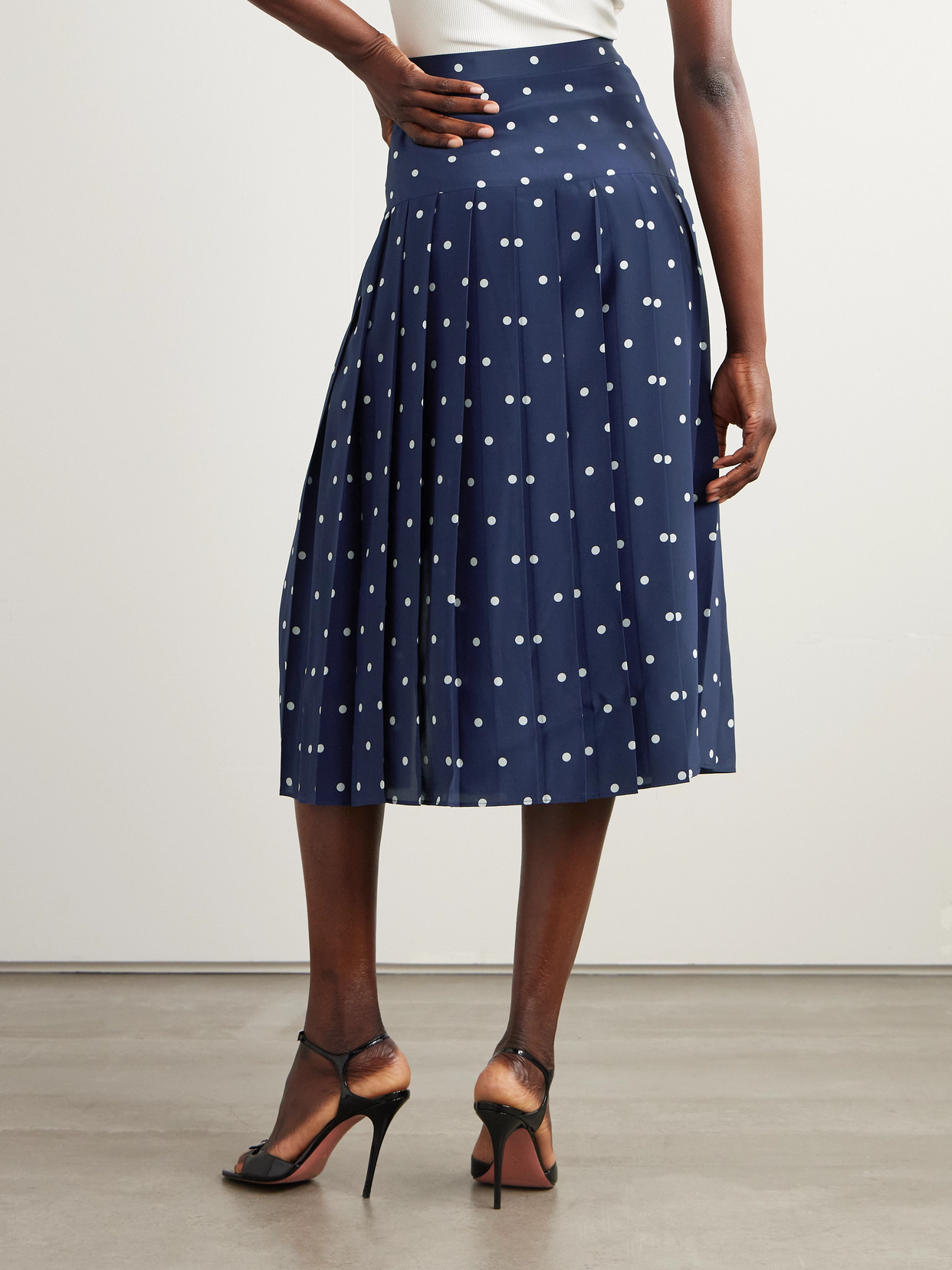 Alessandra Rich Pleated Polka-dot Silk Midi Skirt In Blue
