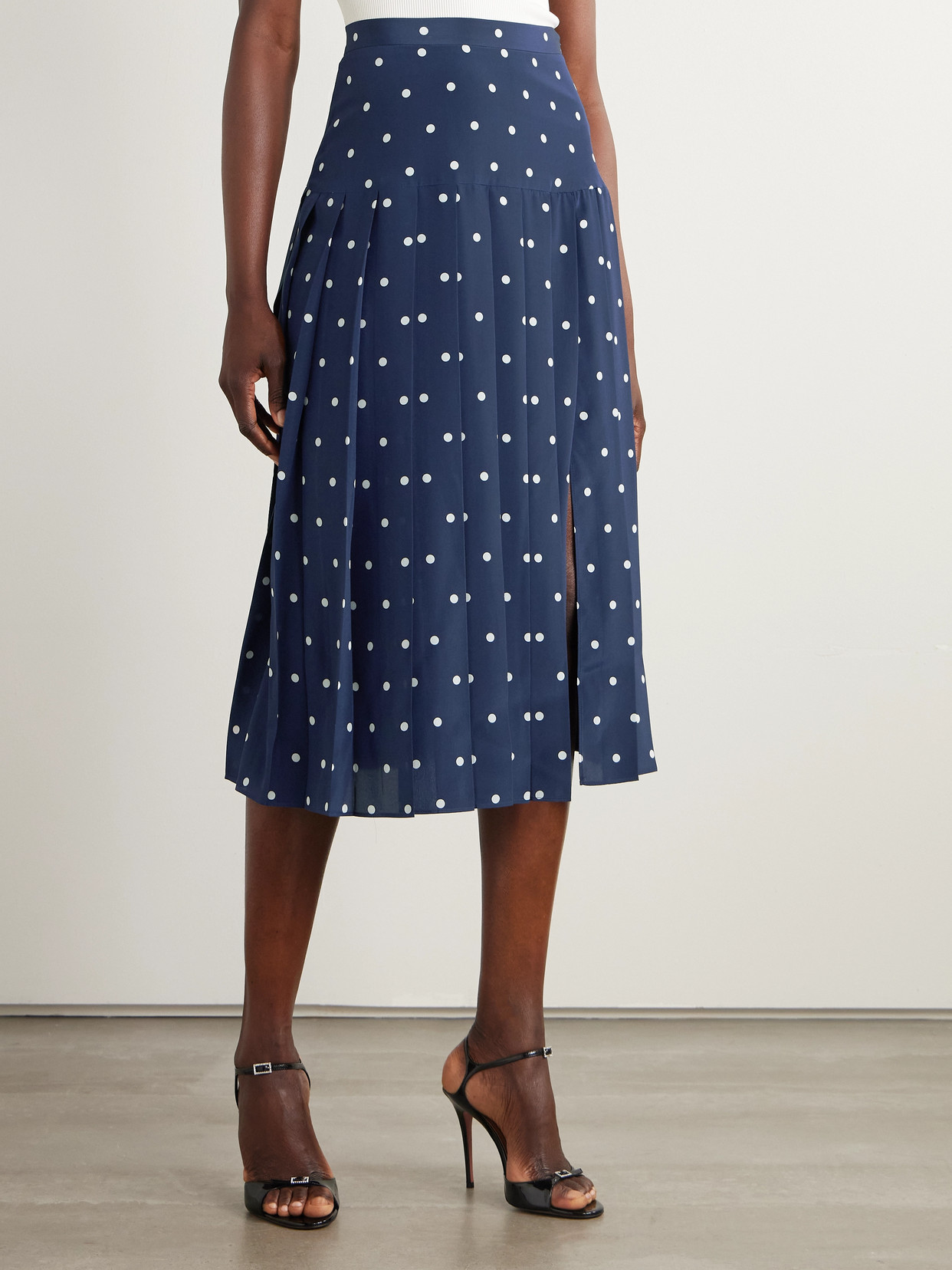 Alessandra Rich Pleated Polka-dot Silk Midi Skirt In Blue