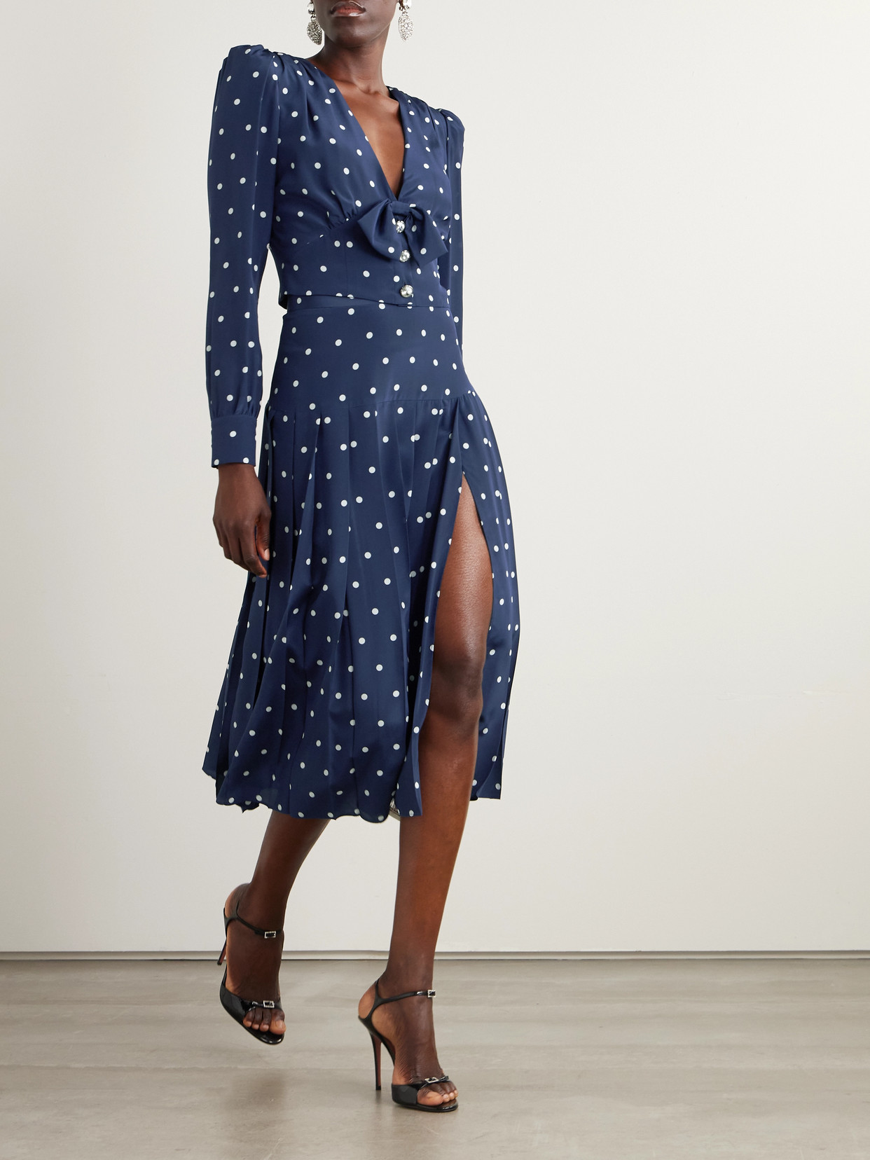 Alessandra Rich Pleated Polka-dot Silk Midi Skirt In Blue