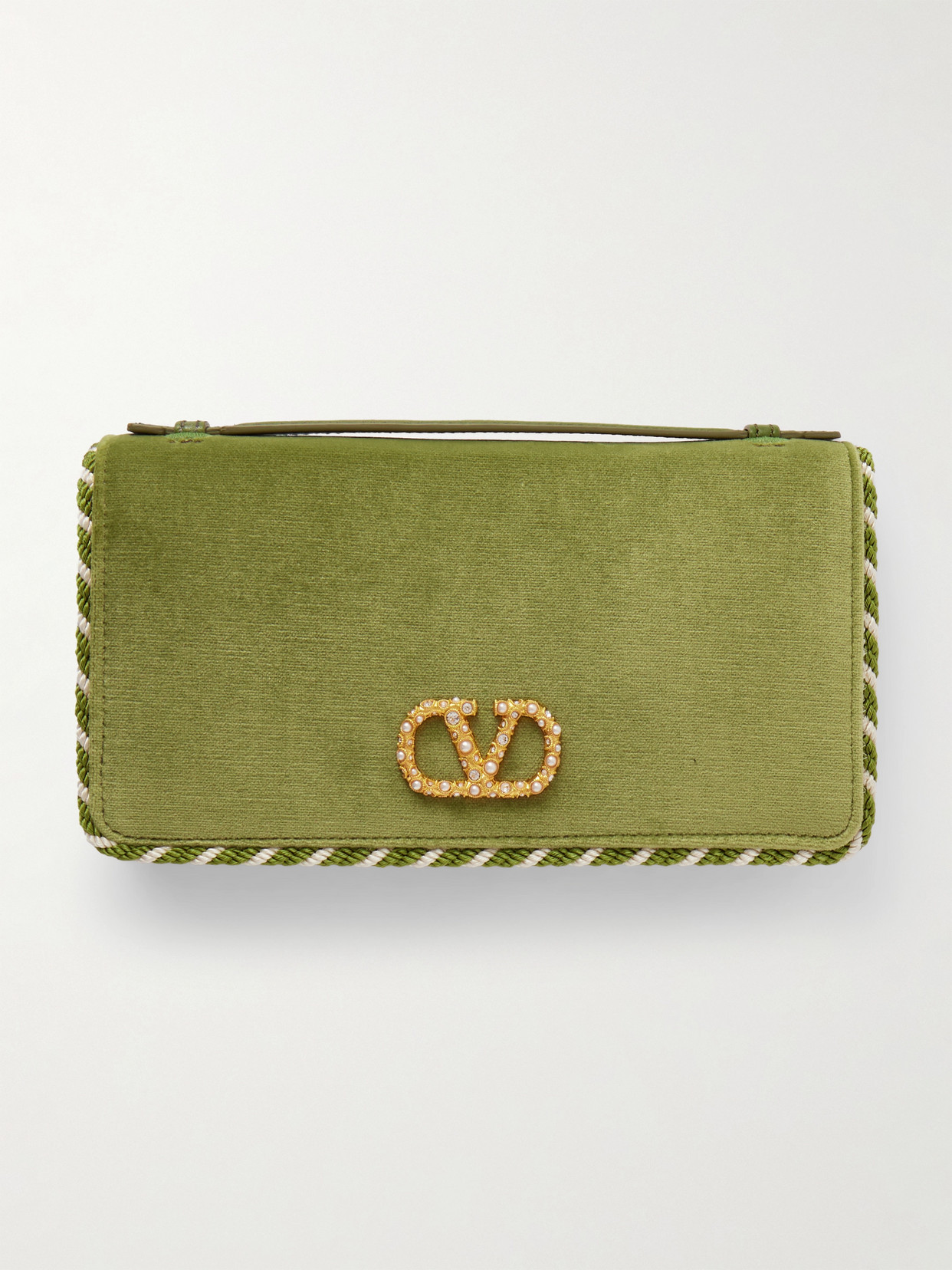 Valentino Garavani Vlogo Signature Embellished Leather-trimmed Velvet Wallet In Green