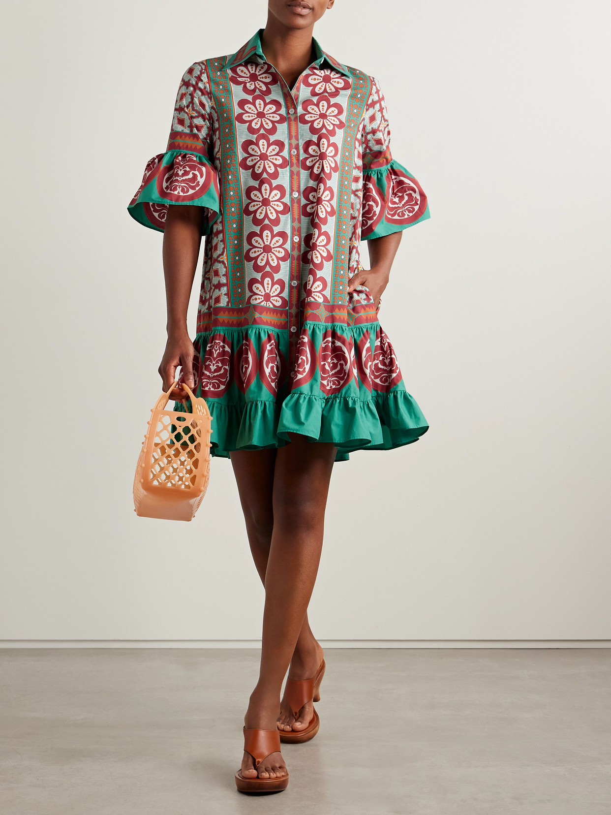 La Doublej Choux Floral-print Cotton-poplin Mini Shirt Dress In Multi