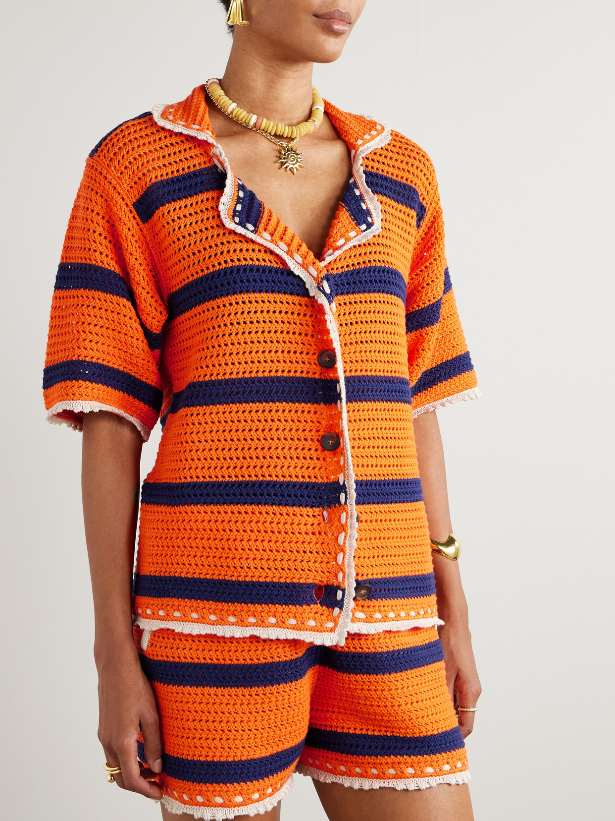 La Doublej Salt 'n' Vinegar Striped Crocheted Cotton Shirt