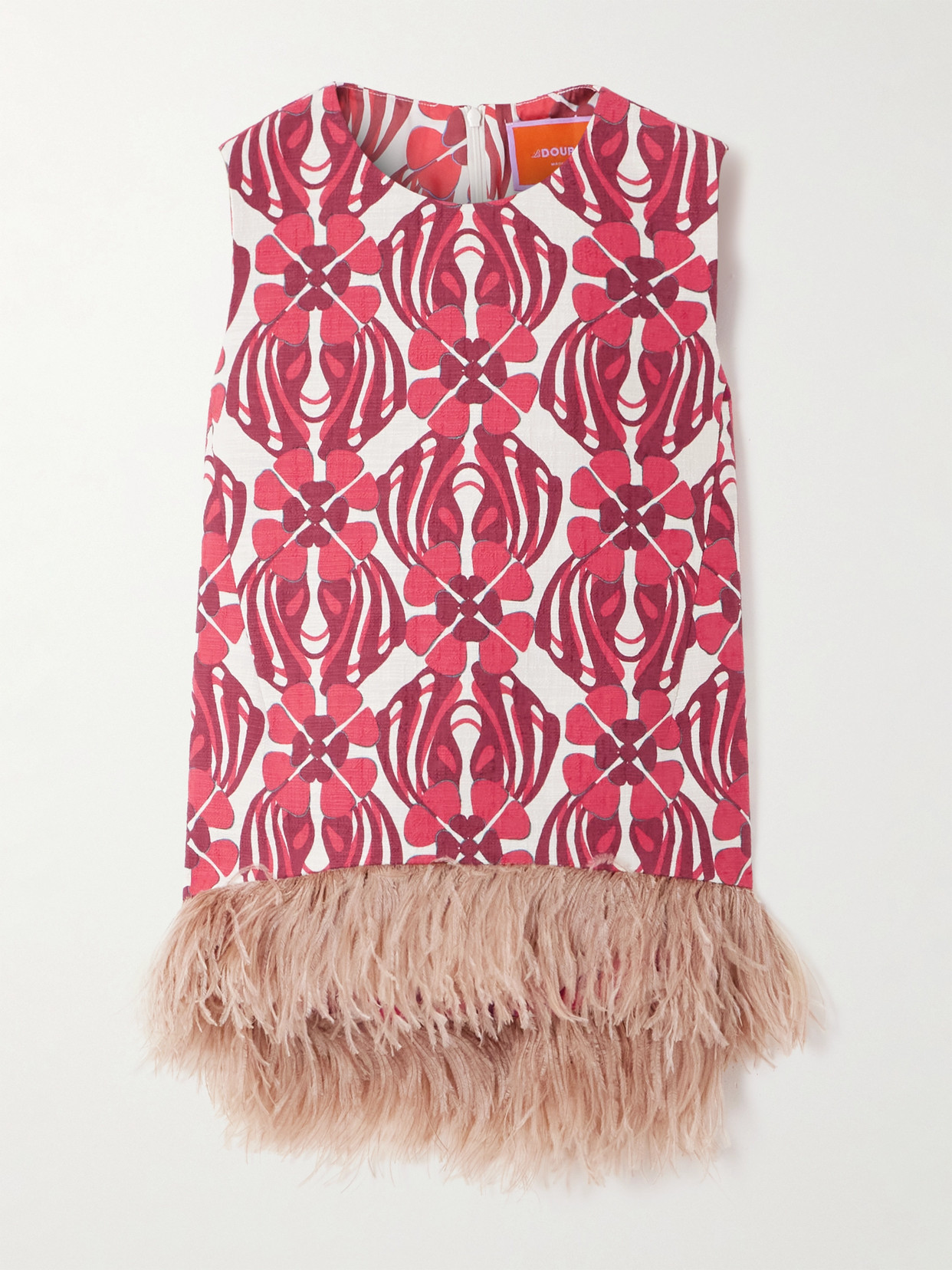 La Doublej Icon La Scala Feather-trimmed Printed Stretch-cotton Tweed Top