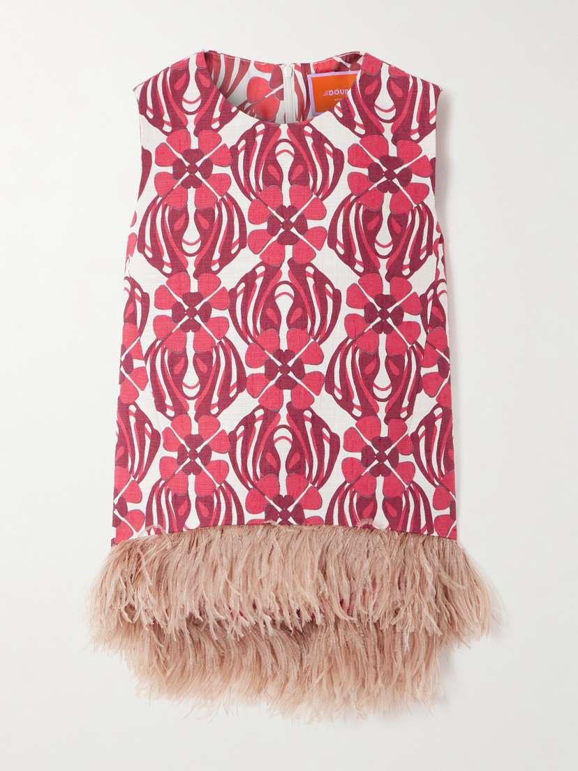 La DoubleJ Icon La Scala Feather-trimmed Printed Stretch-cotton Tweed Top