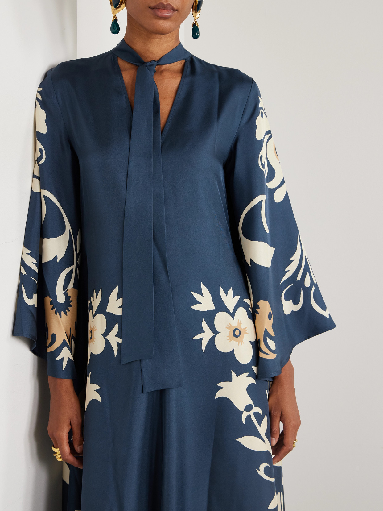La Doublej Scarf-detailed Printed Silk-twill Maxi Dress In Blue