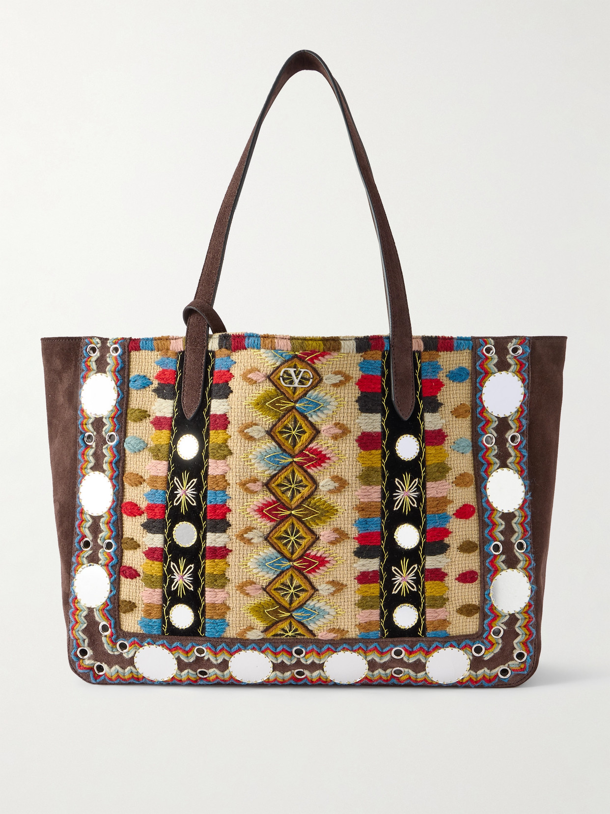 Valentino Garavani Nellcôte Embellished Embroidered Suede, Canvas And Velvet Tote In Brown