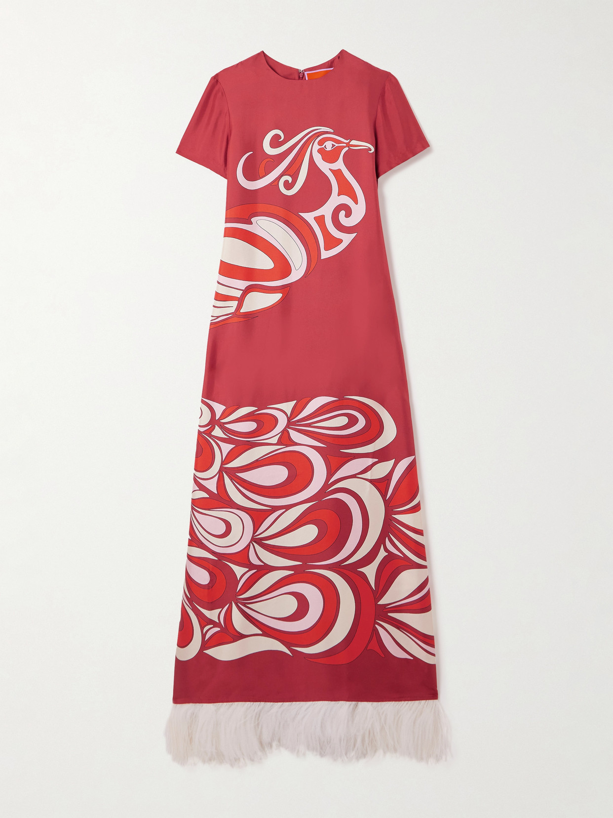 La Doublej Swing Feather-trimmed Printed Silk-twill Maxi Dress
