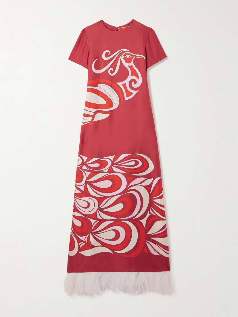 La DoubleJ Swing Feather-trimmed Printed Silk-twill Maxi Dress