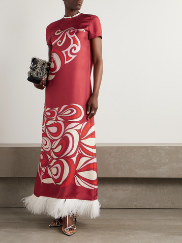 La DoubleJ Swing feather-trimmed printed silk-twill maxi dress
