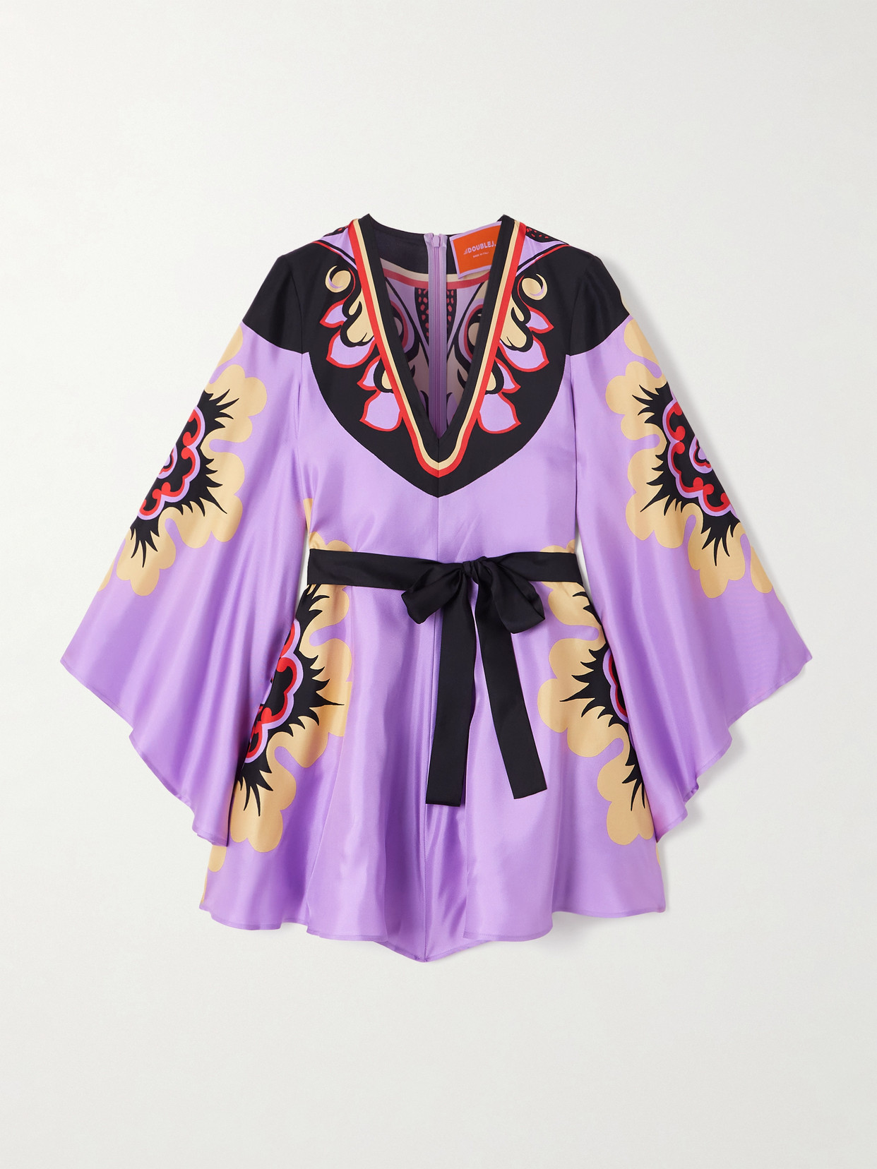 La Doublej Icon Magnifico Belted Printed Silk-twill Mini Dress