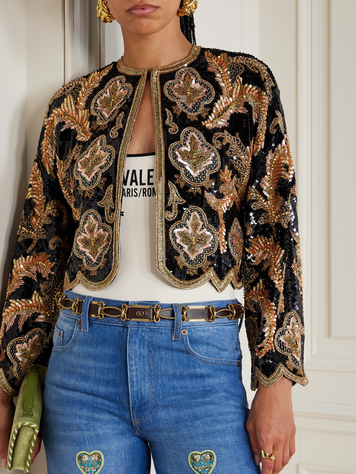Valentino Vlogo Leather-trimmed Gold-tone Belt In Brown